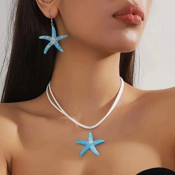 Fashion Large Starfish Pendant Necklace Jewelry Set For Women Girls Boho Summer Beach White Rope Chain Choker Party Jewelry Gift