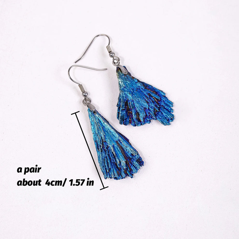 Aura Blue Tourmaline Feather Drop Earrings, Healing Crystal Chakra Boho Jewelry