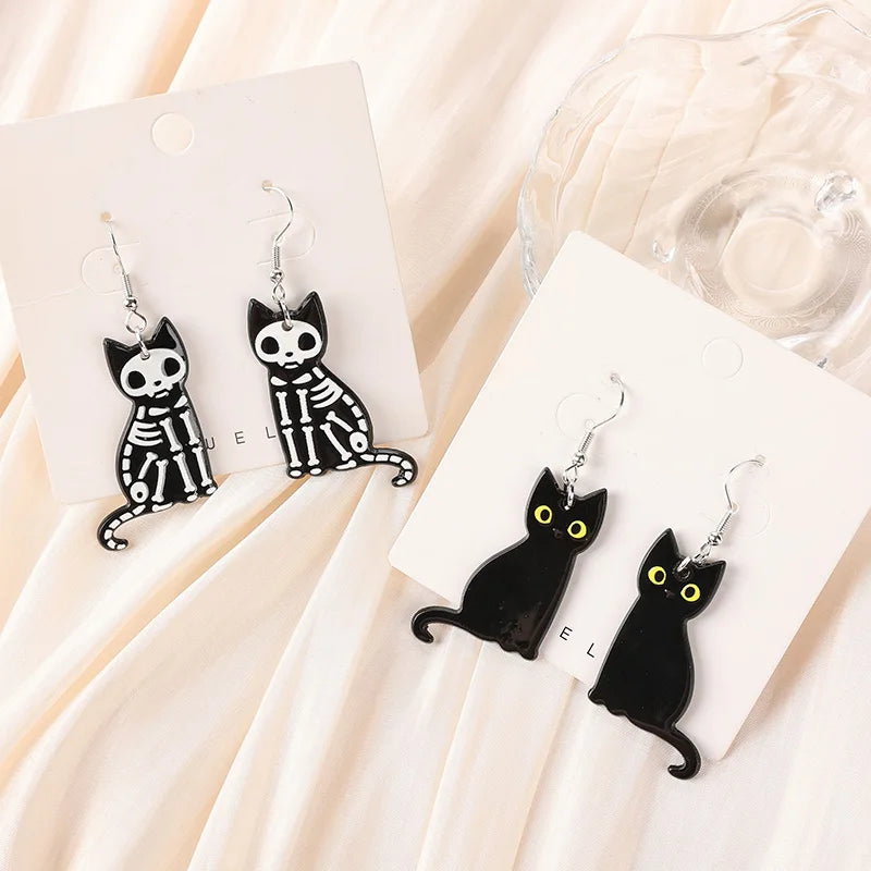 1Pair Fashion Halloween Creative Acrylic Skull Black Cat Dangle Earrings For Women Birthday Festival Gift Lovely Jewelry - Charlie Dolly