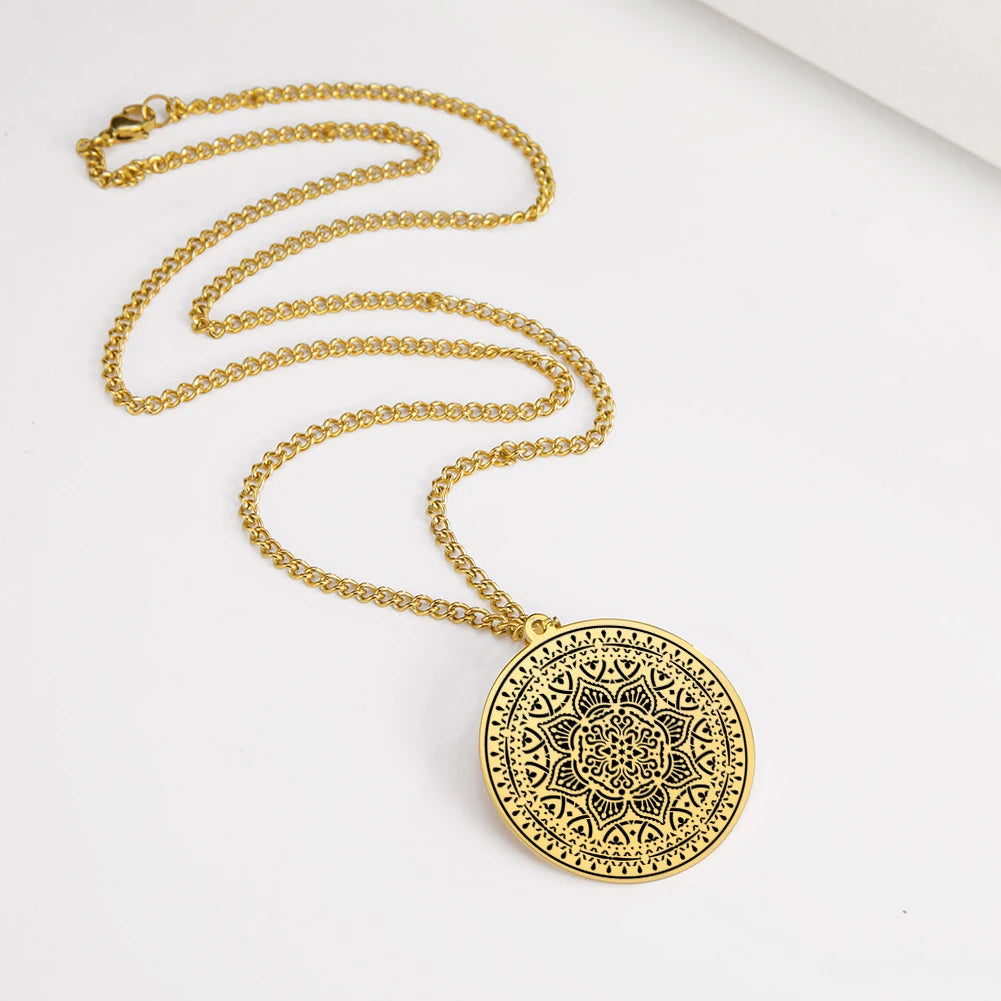 LIKGREAT Lotus Flower Chakra Mandala Pendant Necklace Stainless Steel Women Men Buddhism Hinduism Meditation Spiritual Jewelry