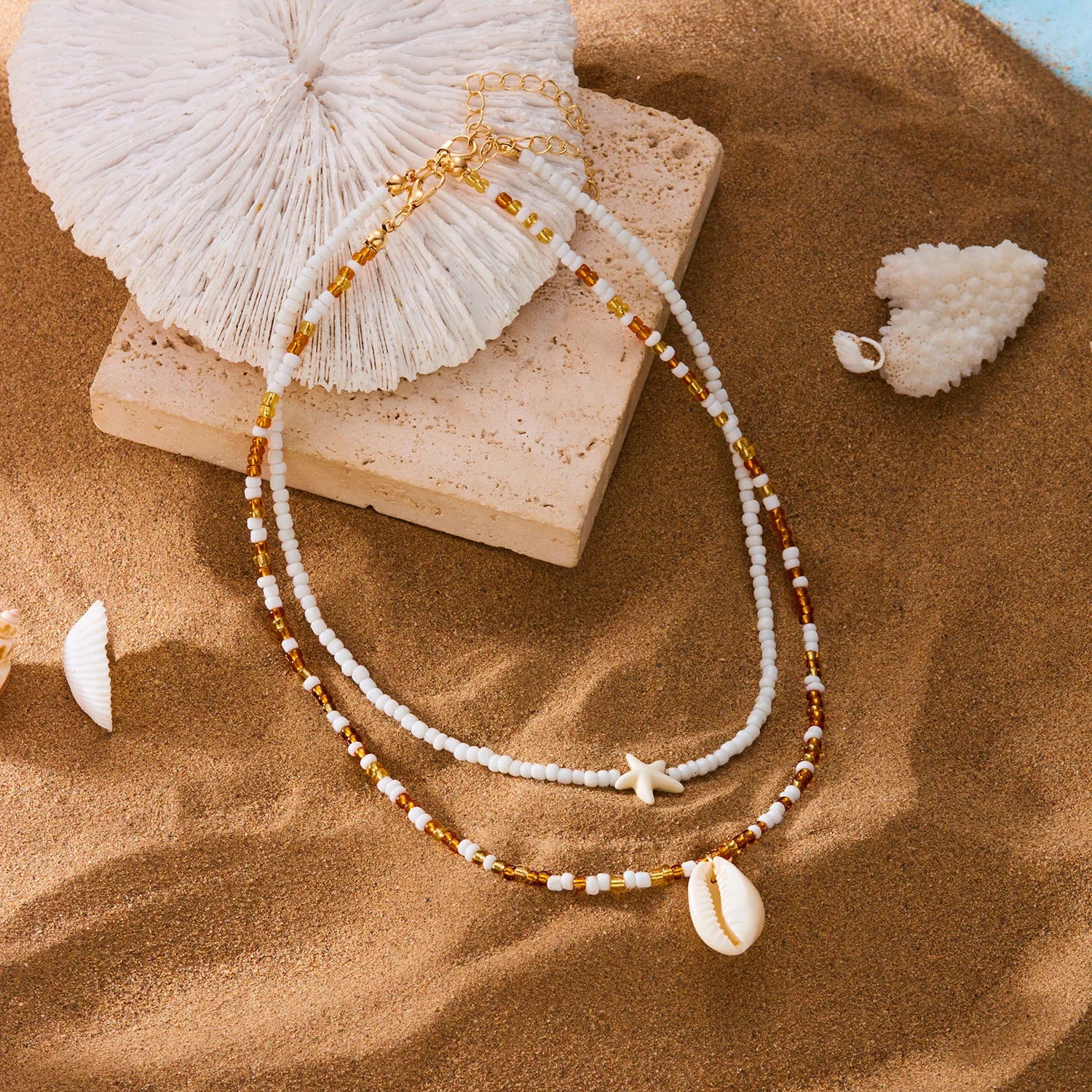 Boho Double Layer Beaded Starfish Shell Turtle Pendant Necklace Women Colorful Beads Clavicle Chain Choker Beach Party Jewelry