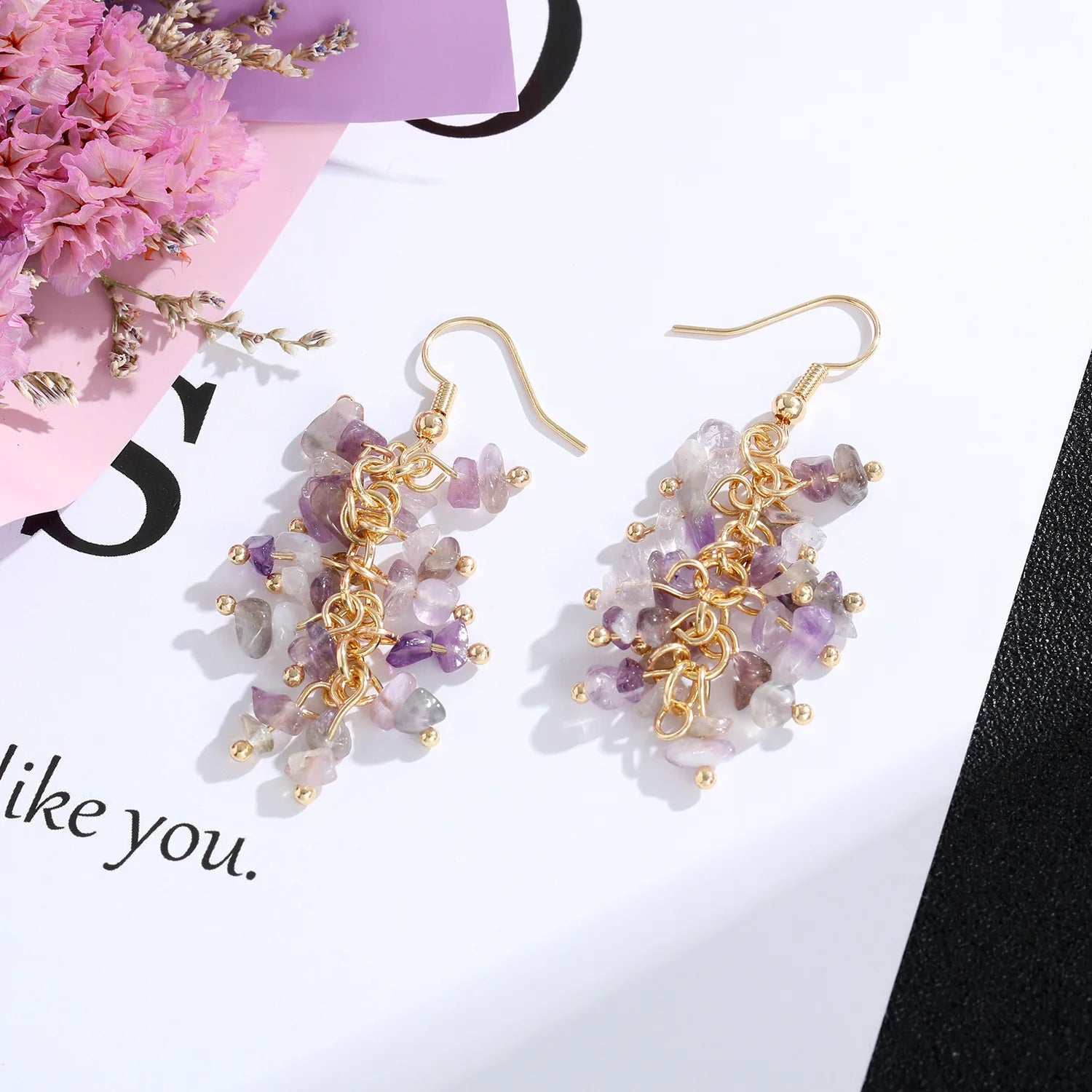 Natural Stone Crystal Grape Tassel Earrings Raw Gemstone Amethyst Lapis Lazuli Tiger's Eye Rose Quartz Chakra Crystal Earring