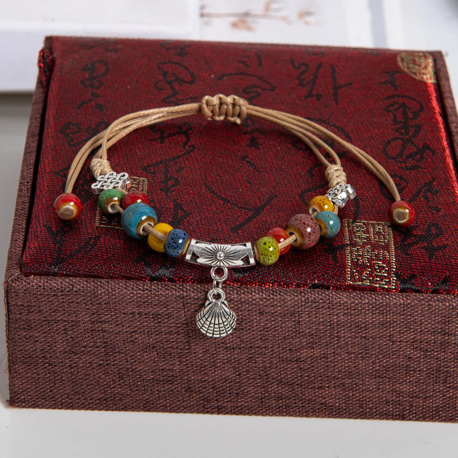 Ceramic Bead and Shell Charm Handmade Rope Bracelet