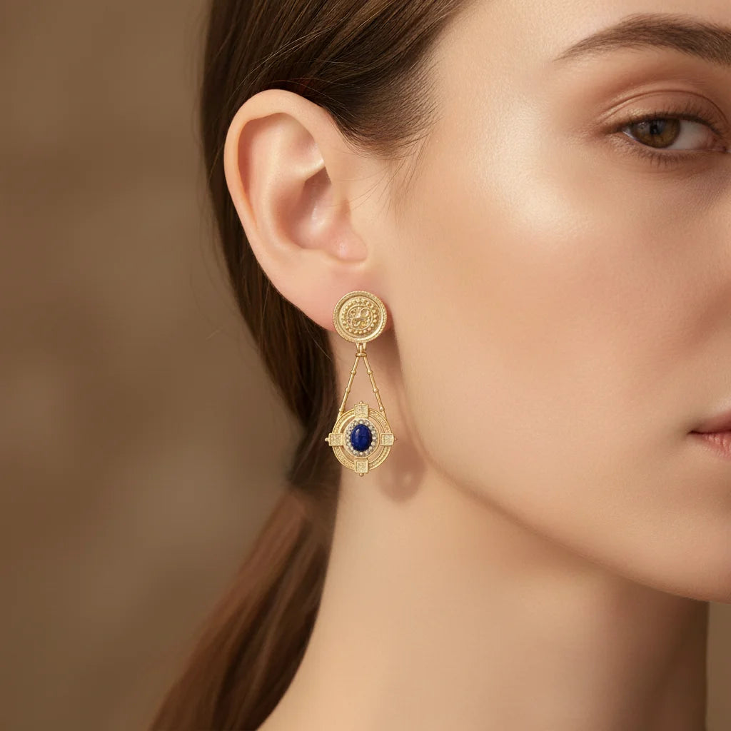 Vintage 18K Gold Plated Drop Earrings with Lapis lazuli Stone & Rhinestones - Elegant Geometric Women's Jewelry Daily Ear Charm