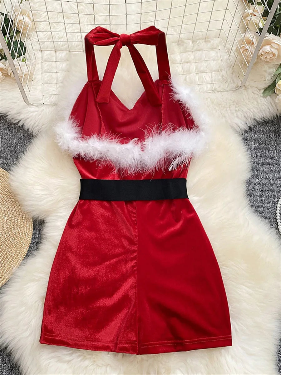 Women s Christmas Cosplay Costume Lingerie Rompers Plush Trim Christmas Party Cosplay Jumpsuits Playsuits - Charlie Dolly