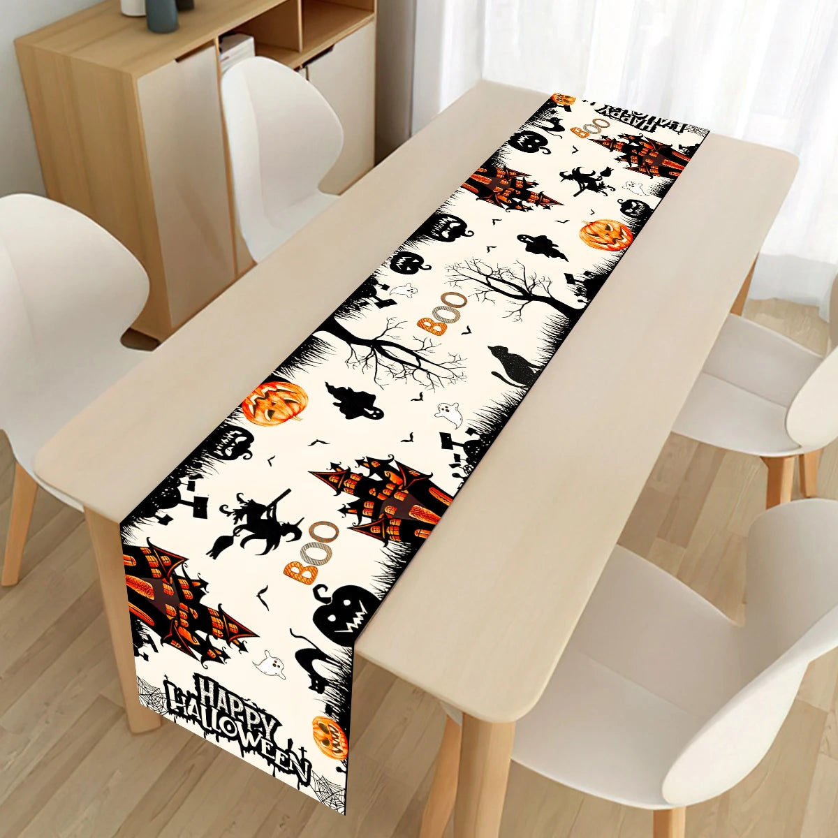 Halloween Table Runner Happy Halloween Party Decorations For Home 2024 Ghost Pumpkin Witch Bat Kitchen Dining Table Runner - Charlie Dolly