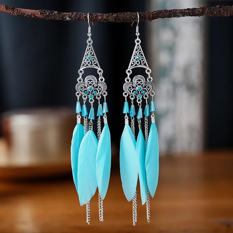 Blue Enamel Feather Crystal Long Earrings Jewelry