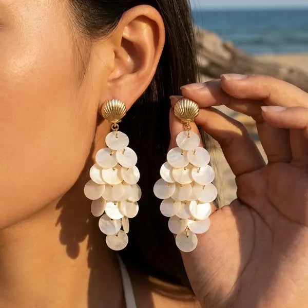 Boho Elegant Imitation Pearl Seashell Dangle Earrings For Women Creative Clustered Pear Shell Tassel Earring Beach Party Jewelry