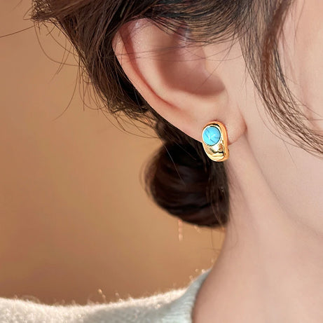 Natural Turquoise Curved Earrings, Gold Copper Casual Elegant Boho Jewelry