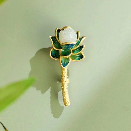 Natural Hotan Jade Lotus Flower Jewelry Set, Necklace Ring Bracelet Hairpin Boutique