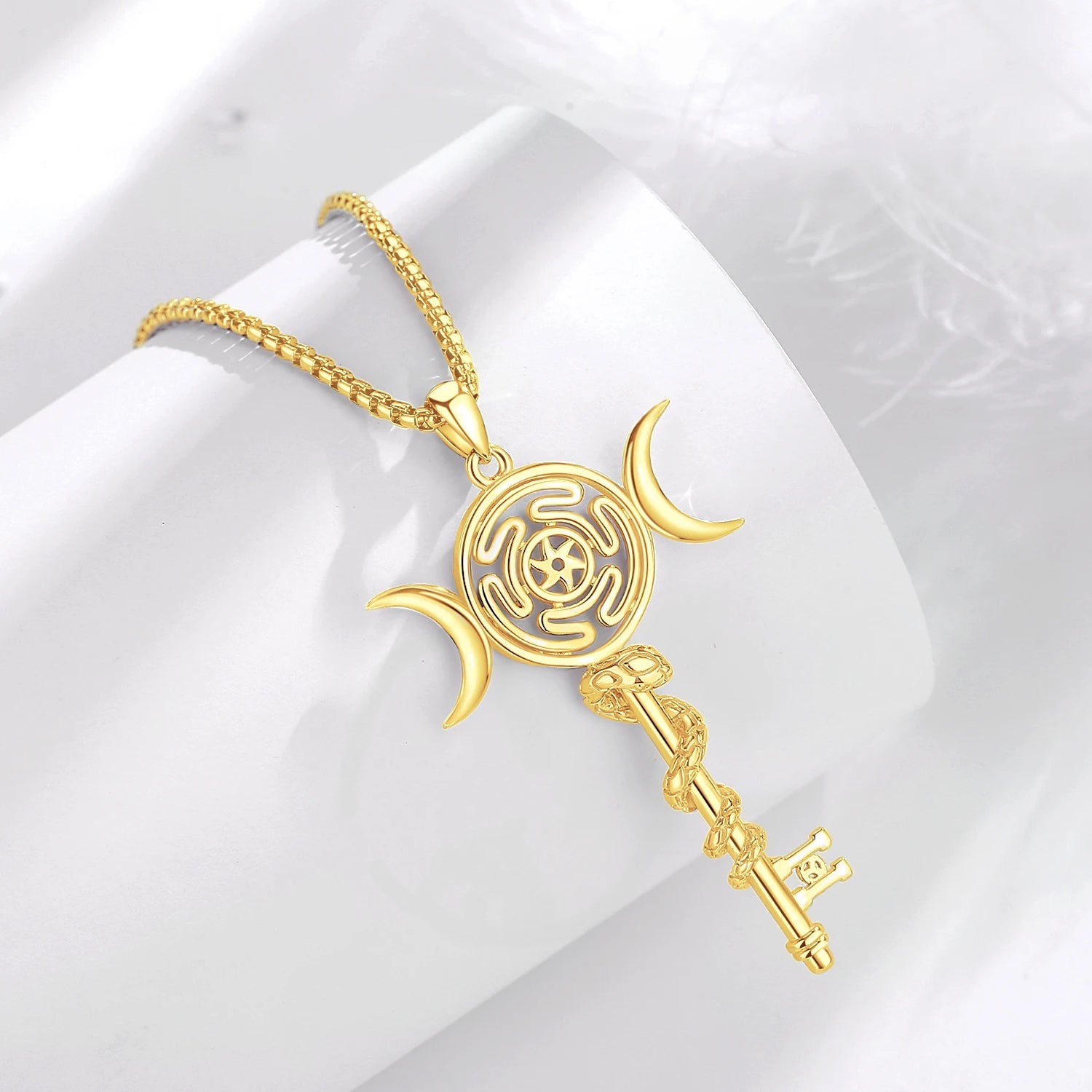 Sterling Silver 925 Hekate Wheel Triple Moon Goddess Necklace, Snake Key Witch Amulet