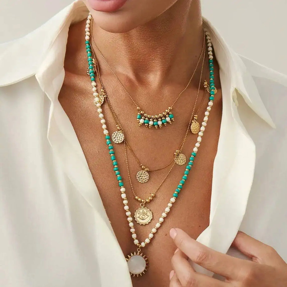 Round Coin Tassel Beaded Choker Necklace Jewelry