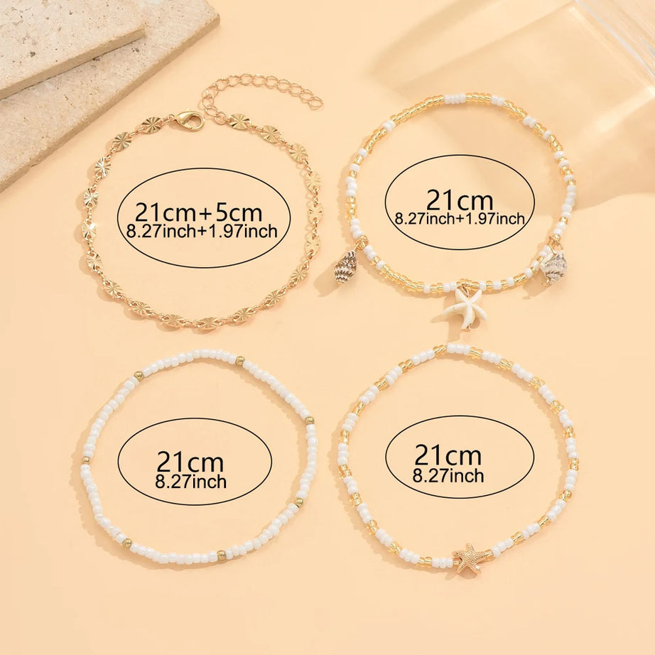 Starfish and Shell Stackable Beaded Anklet Set (4 Pieces)