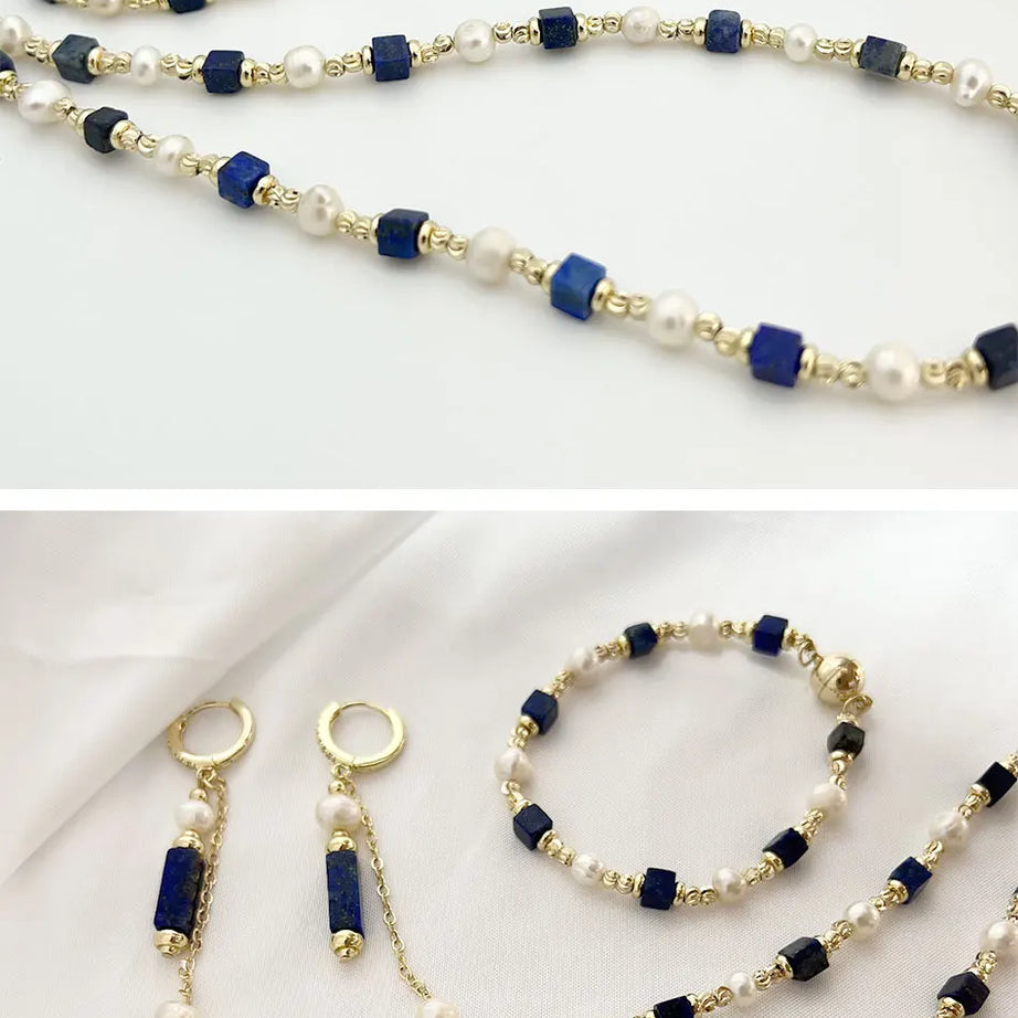 Natural Freshwater Pearl Necklace 4X4 lapis lazuli Bracelet Earring Plated 14K Gold Accessories - Charlie Dolly