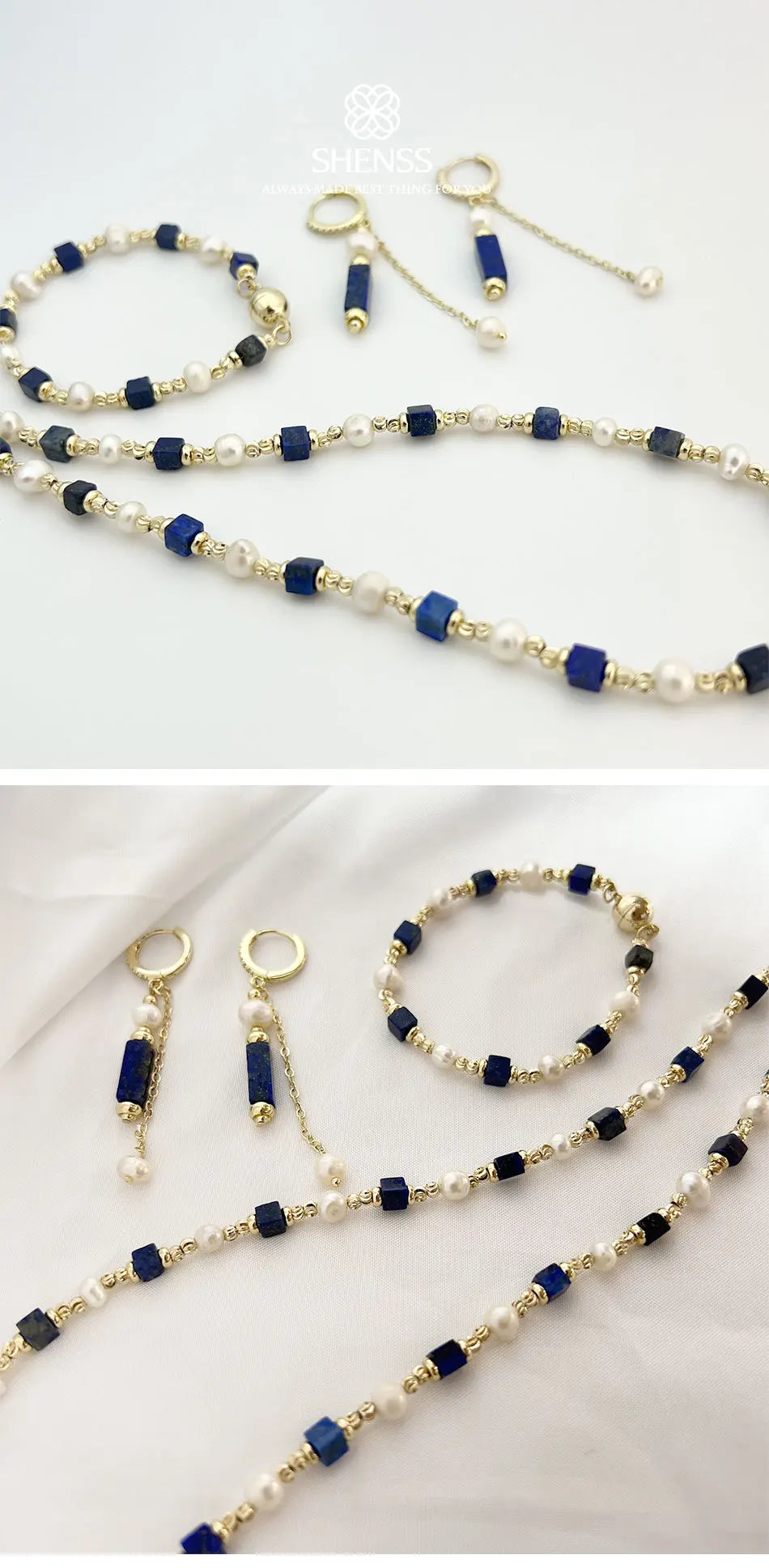 Natural Freshwater Pearl Necklace 4X4 lapis lazuli Bracelet Earring Plated 14K Gold Accessories