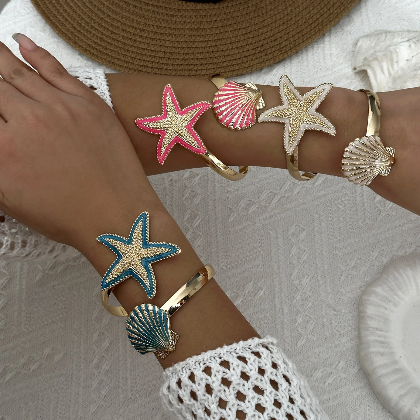 Starfish and Shell Enamel Bangle Bracelet