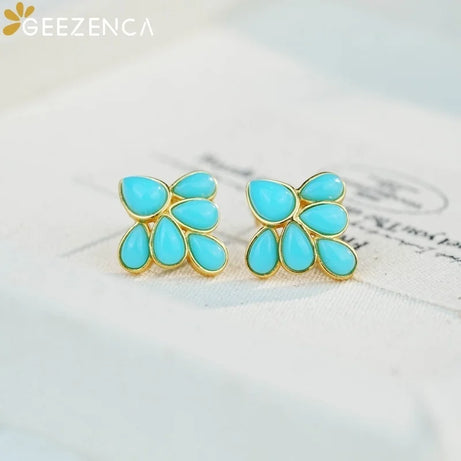 GEEZENCA 925 Silver Lapis Lazuli Turquoise Leaf Stud Earrings Women Gold Plated Trendy Dainty Lightweight Statement Earring Gift - Charlie Dolly