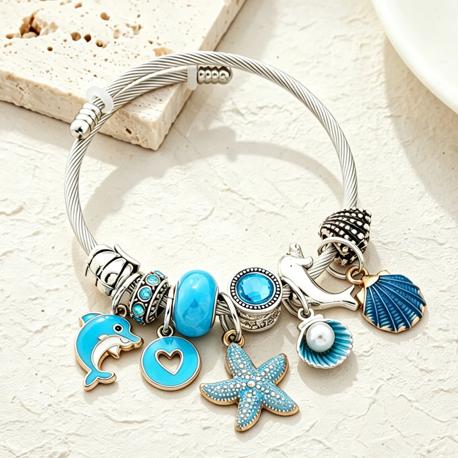 Dolphin Starfish and Shell Enamel Charm Bracelet
