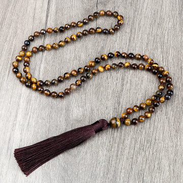 Men Natural Malachite Stones Necklaces Boho 108 Tiger Eye Beads Handmade Necklace with Tassel Yoga Medit Jewelry Gifts For Women