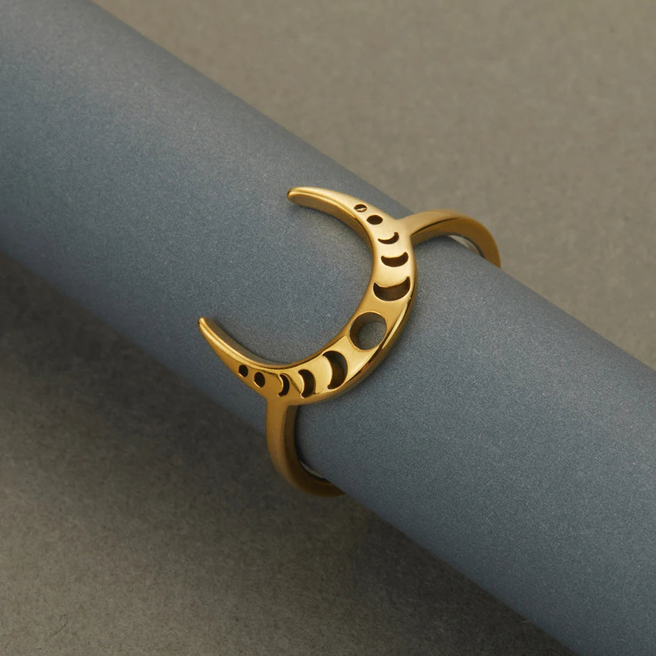 Moon Phase Band Ring, Stainless Steel Celestial Witchy Amulet