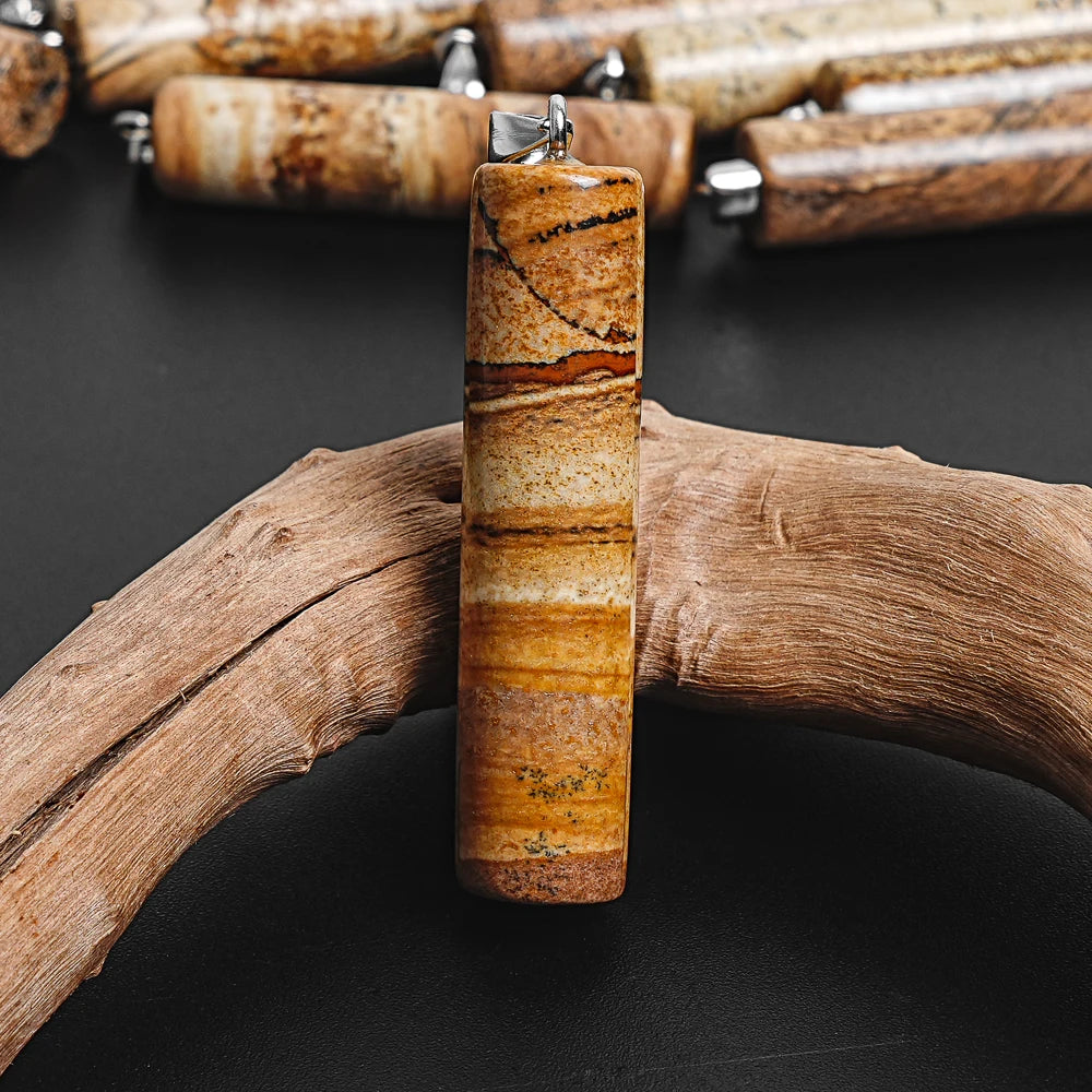 NATURAL PICTURE JASPER CYLINDRICAL PENDANT BROWN STONE 50X12MM FOR BOHO JEWELRY MAKING DIY NECKLACE BRACELET CHARM GIFT FOR HER