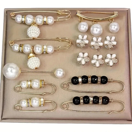 Elegant Faux Pearl Brooch Pin Set (14 Pieces)