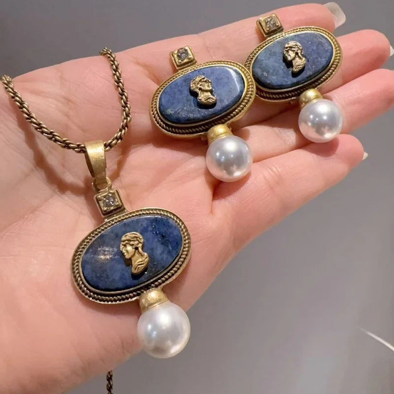 Vintage Cameo Jewelry Set Woman Avatar Pendent Pearl Necklace Lapis Lazuli Stud Earrings Blue Natural Stone Wedding Party 2026