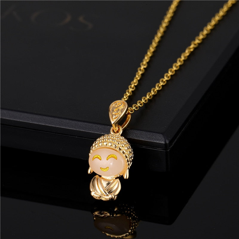 Maitreya Buddha Titanium Steel Female Inlaid Jade Smiling Face Buddha Necklace Gold Color Chain Portrait Pendant Chokers - Charlie Dolly