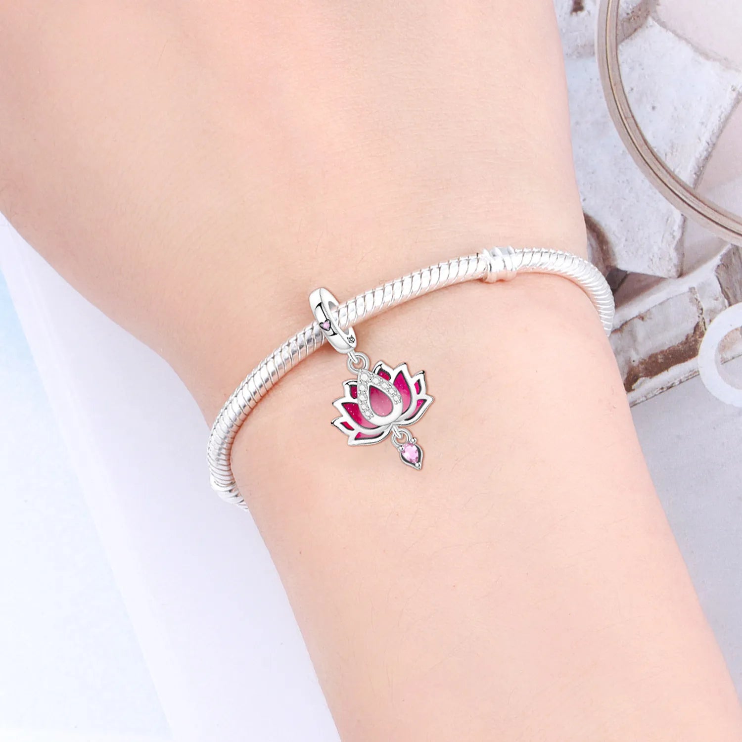 PANPOKI 925 Sterling Silver Pink Lotus Flower Charms Beads Pendant Fit DIY Bracelet Necklace Jewelry Souvenir Gifts