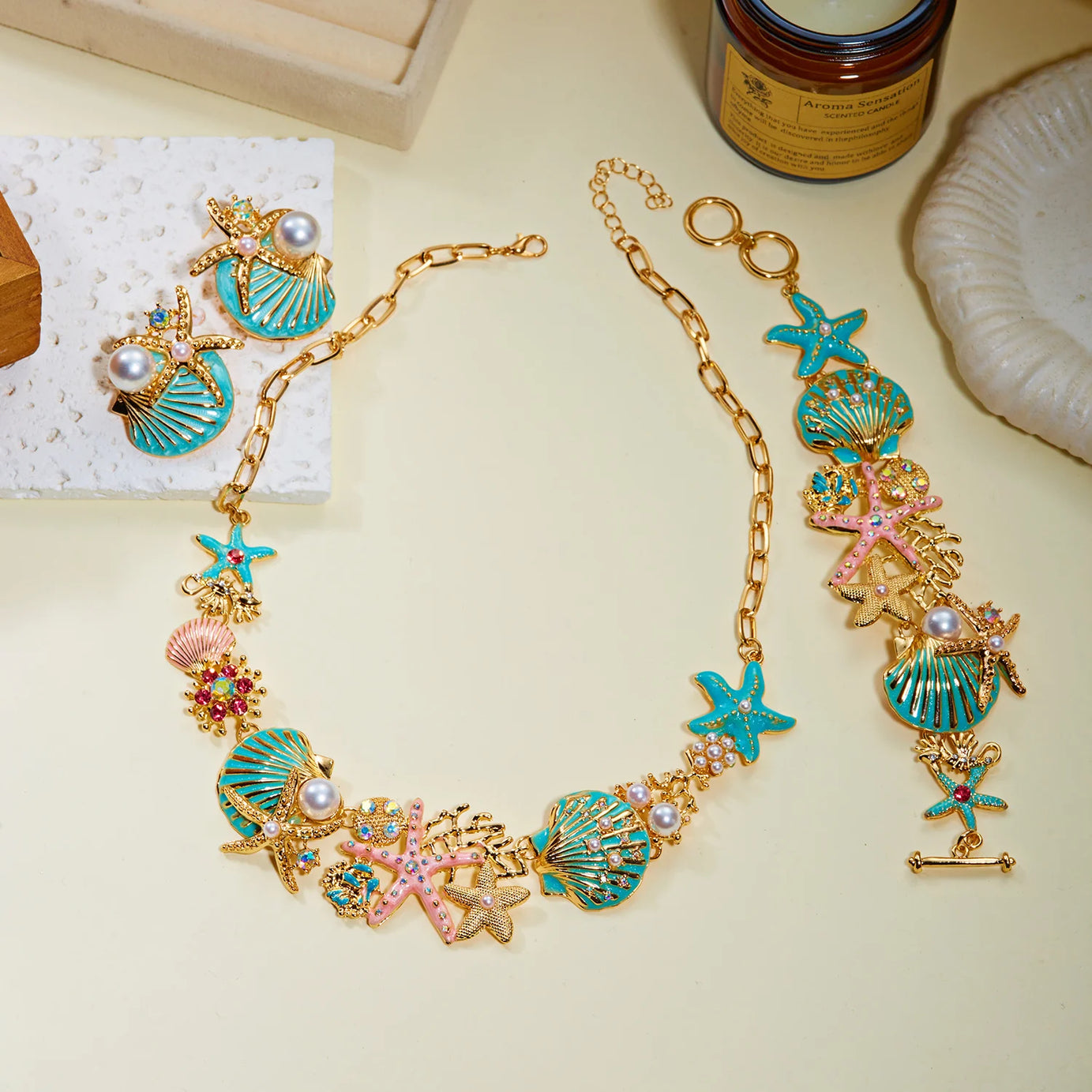 Starfish Shell and Coral Statement Necklace, Bracelet or Earring Set
