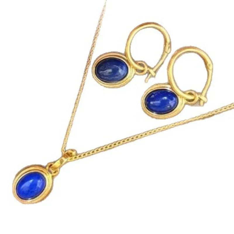 Light luxury retro high-end fashion oval lapis lazuli necklace earrings buckle party simple and elegant blue jewelry sets