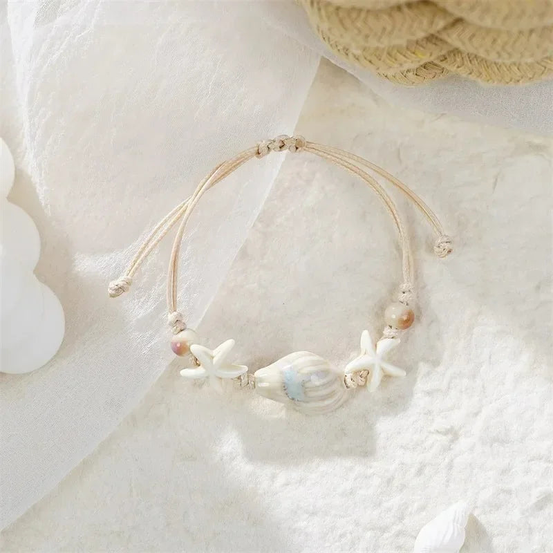 Bohemian Conch Starfish Shells Beaded Bracelets for Women Girls Boho Style Shell Beaded Beach Bangles Jewelry Gift Adjustable