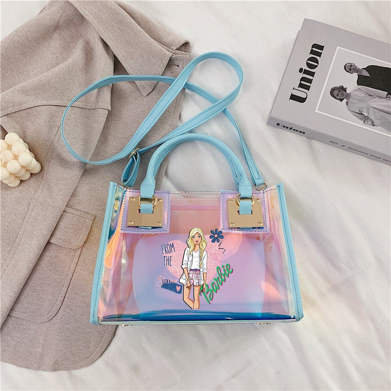 Barbie Princess Summer Transparent Handbag Anime Y2K Girls Lasers Beach Bag Shoulder Bag Ladies Tote Bags Pu Messenger Organizer - Charlie Dolly