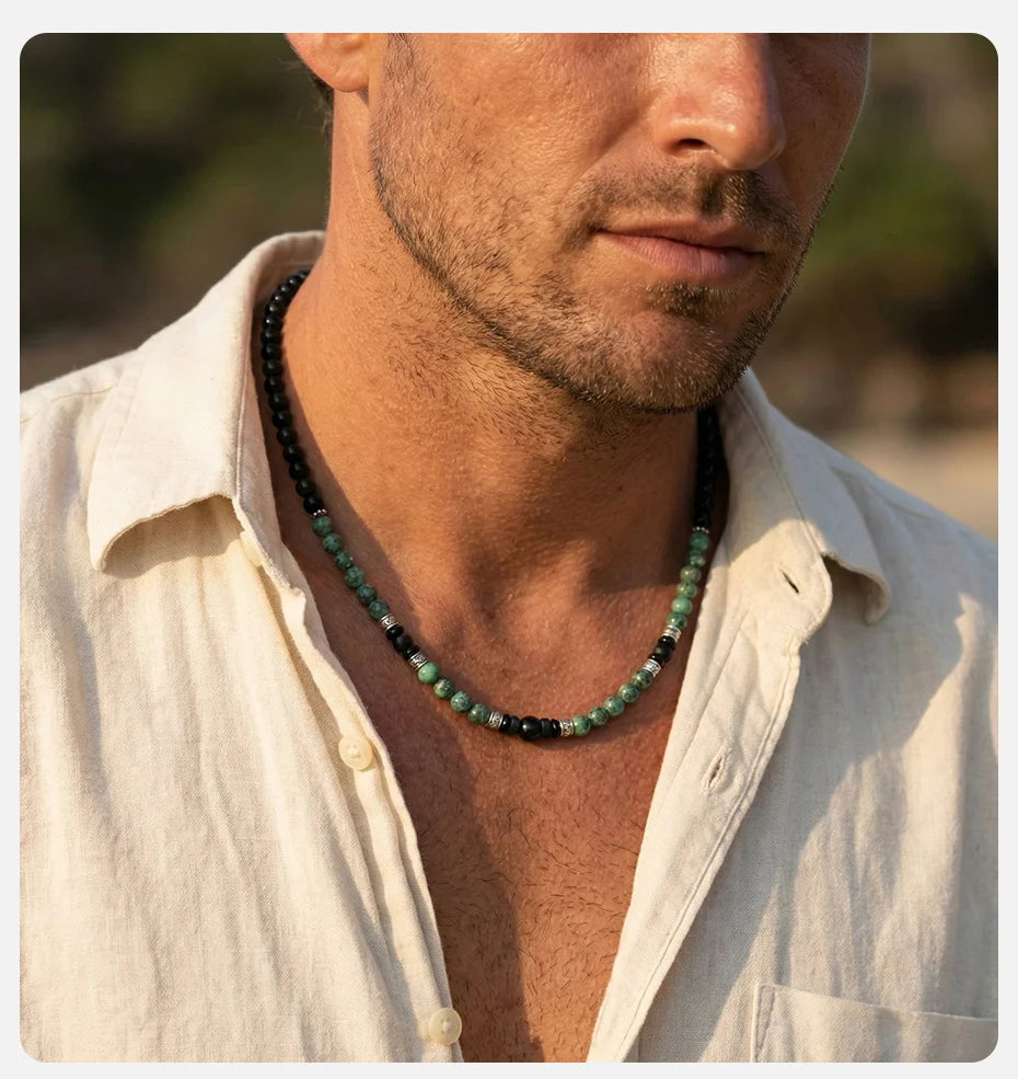 Vnox Men's Stainless Steel Natural Stone Beaded Necklace Adjustable Green Lucky Choker Casual Boho Beach Jewelry Gift for Boys