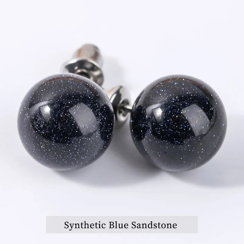 Natural Stone Agate Quartz Lapis Lazuli Tiger Eye Round Bead Stud Earrings Women Fashion Simple Stainless Steel Crystal Ear Stud