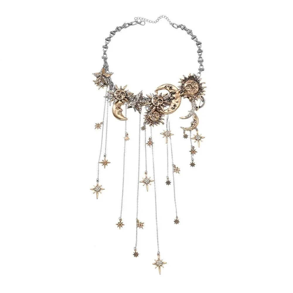 Sun Moon Star Layered Tassel Necklace Jewelry
