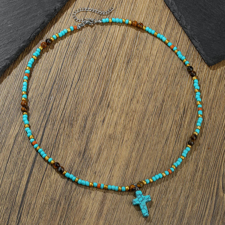 Turquoise Tiger Eye Cross Pendant Necklace Jewelry