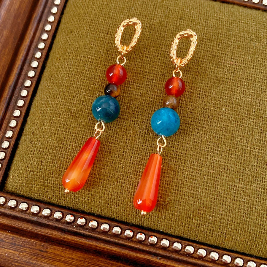 Retro Natural Stone Jade Earrings for Women Chinese Style Water Drop Beads Earrings with Long Tassel Female Ear Accessories K1