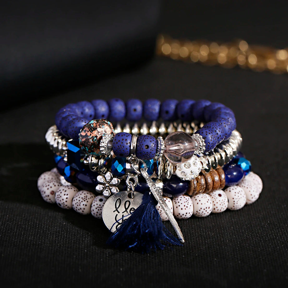 New Bohemian White Beads Tassel Bracelets Set Women Natural Lava Stone Alloy Wing Pendant Charm Bangle Boho Jewelry - Charlie Dolly
