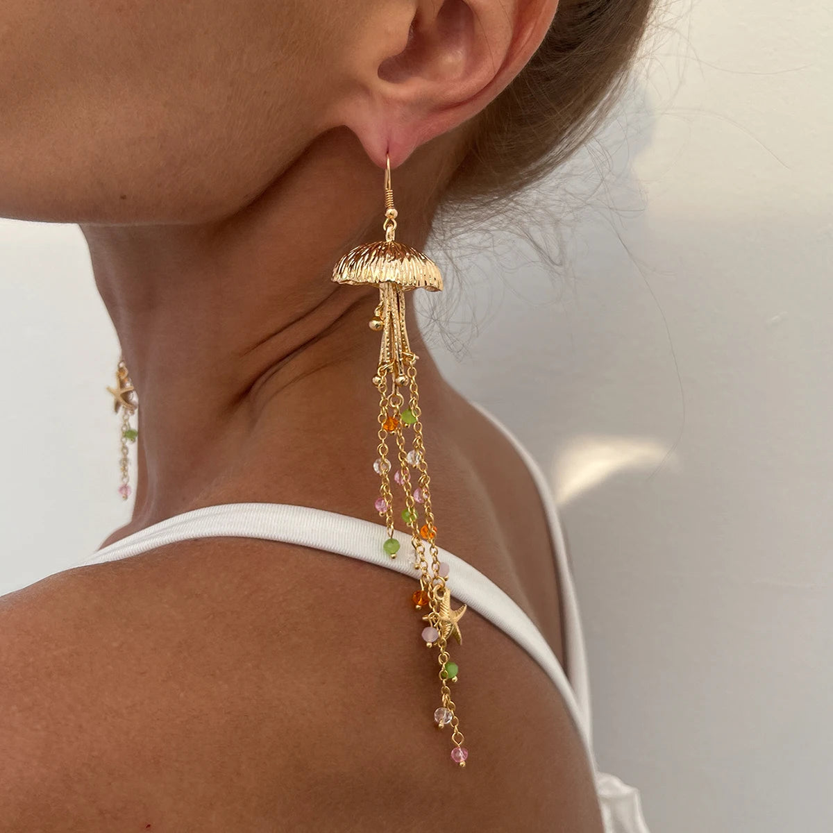 Ingemark Boho Starfish Jellyfish Imitation Pearls Crystal Long Tassels Earrings Women Trendy Piercing Drop Earrings Y2K Jewelry