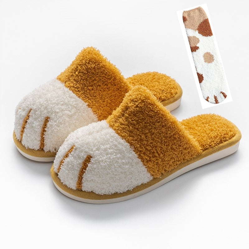 [Free Sock] Super Cute Cat Paw Women Fur Slipers Winter House Bedroom Keep Warm Plush Shoes Non-slip Indoor Women Furry Slippers