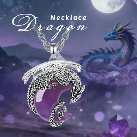 Natural Amethyst Dragon Crescent Moon Pendant Necklace, Healing Crystal Talisman