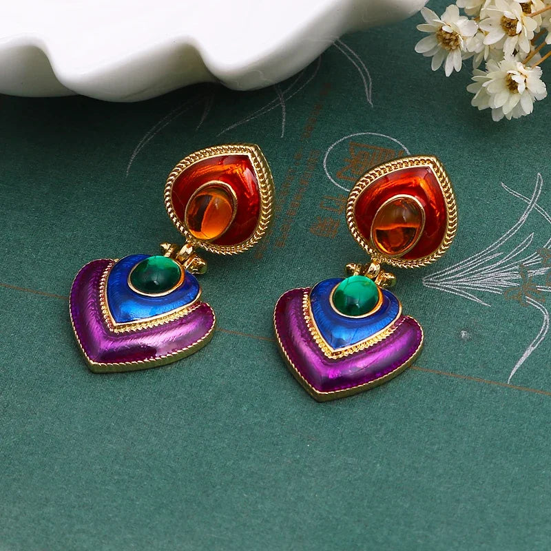 Boho Colorful Crystal Resin Heart Clip on Earrings Without Piercing for Women Charm Maxi Statement Earrings Ear Clips Jewelry