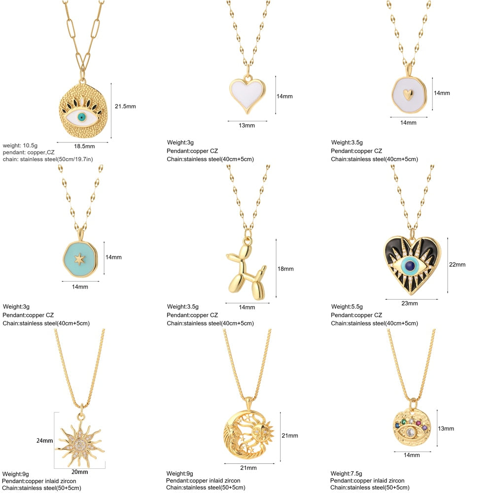 Heart Evil Blue Eye Sun Necklace for Women Cute Dog Bee Elephant Gold Color Pendant Woman's Collars Long Stainless Steel Chains - Charlie Dolly