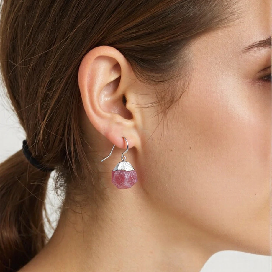 Raw Ore Natural Stone Hook Earrings, Fluorite Amethyst Quartz Healing Crystal Jewelry