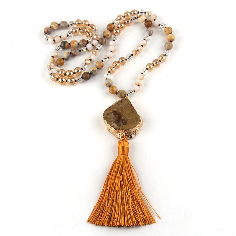 Knotted Druzy Stone Tassel Necklace Jewelry