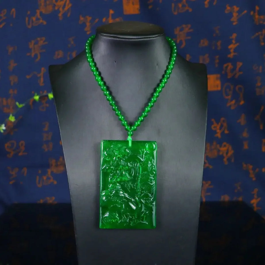 Myanmar Ice Jadeite Carved Landscape Amulet Necklace, Sacred Mountain Talisman