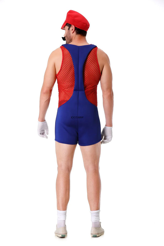 Adult Halloween Anime Cartoon Cosplay Costume With Hat Sexy Men Red Blue Super Plumber Brother Fancy Set Carnival Party Dress Up