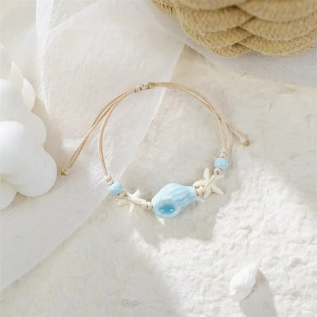 Bohemian Conch, Starfish and Shell Beaded Bangle Bracelet