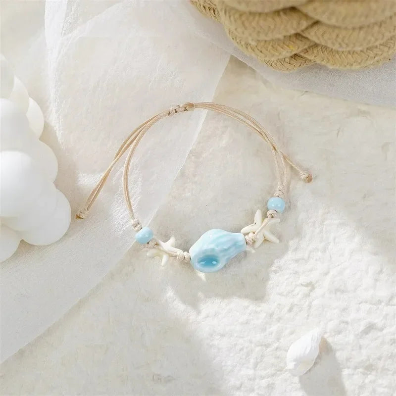 Bohemian Conch Starfish Shells Beaded Bracelets for Women Girls Boho Style Shell Beaded Beach Bangles Jewelry Gift Adjustable